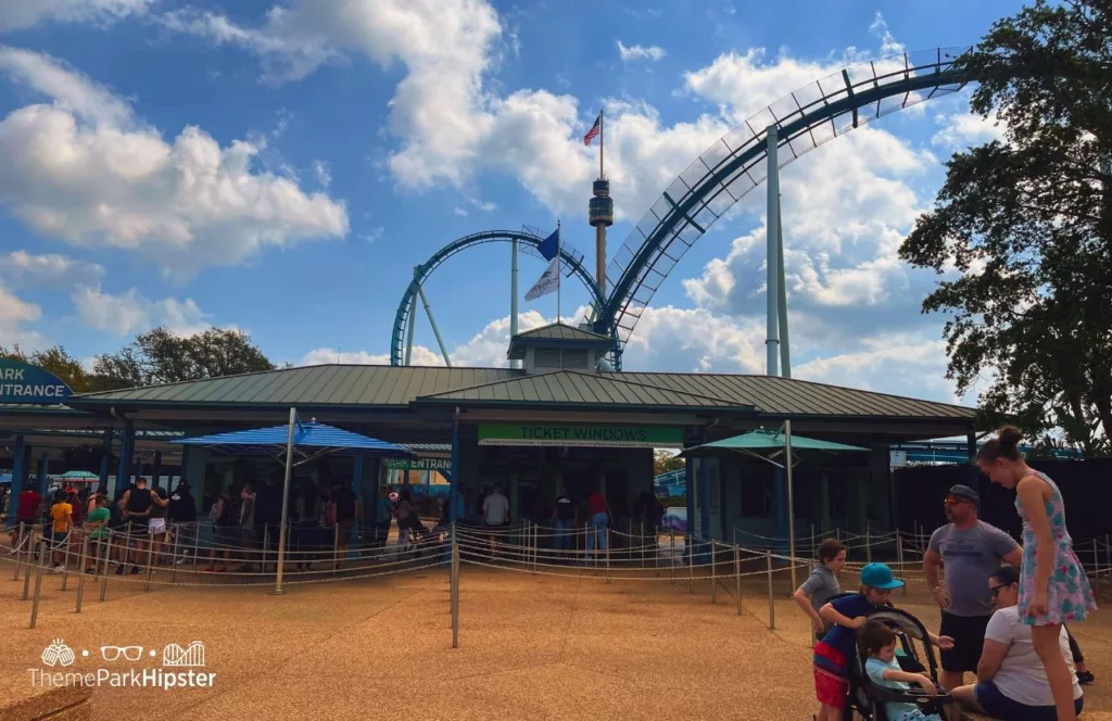 SeaWorld Orlando Resort Ticket Windows at Entrance during the Seven Seas Food Festival.