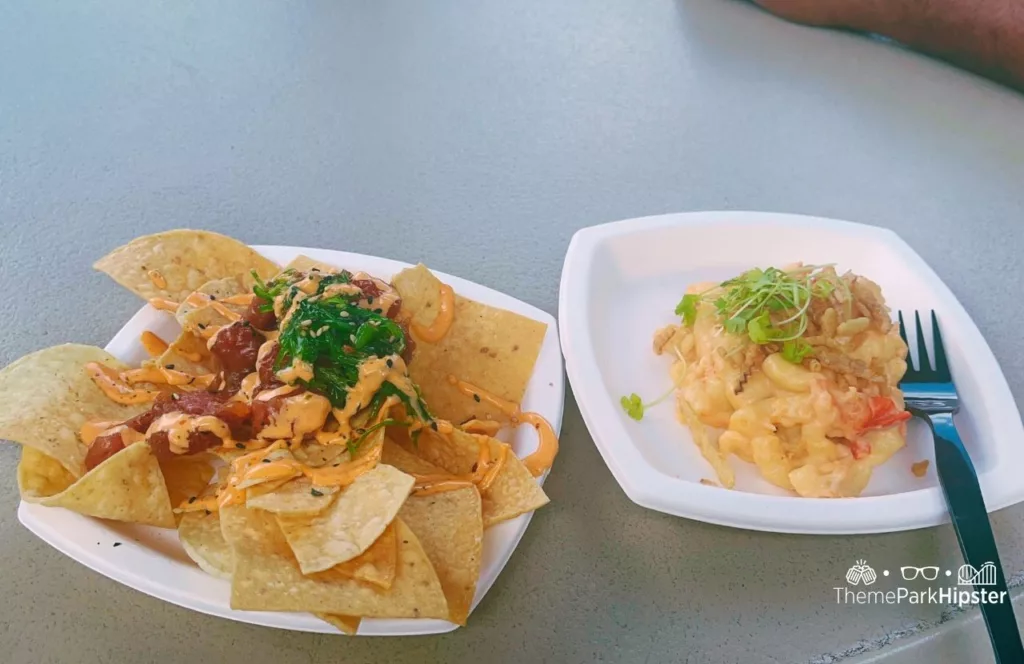 SeaWorld Orlando Resort Tuna Poke Nachos and Mac and Cheese at Seven Seas Food Festival