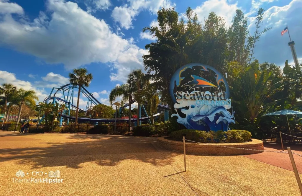 SeaWorld Orlando Resort logo sign next to Manta Roller Coaster