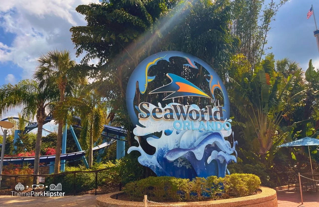 SeaWorld Orlando Resort logo sign next to Manta Roller Coaster