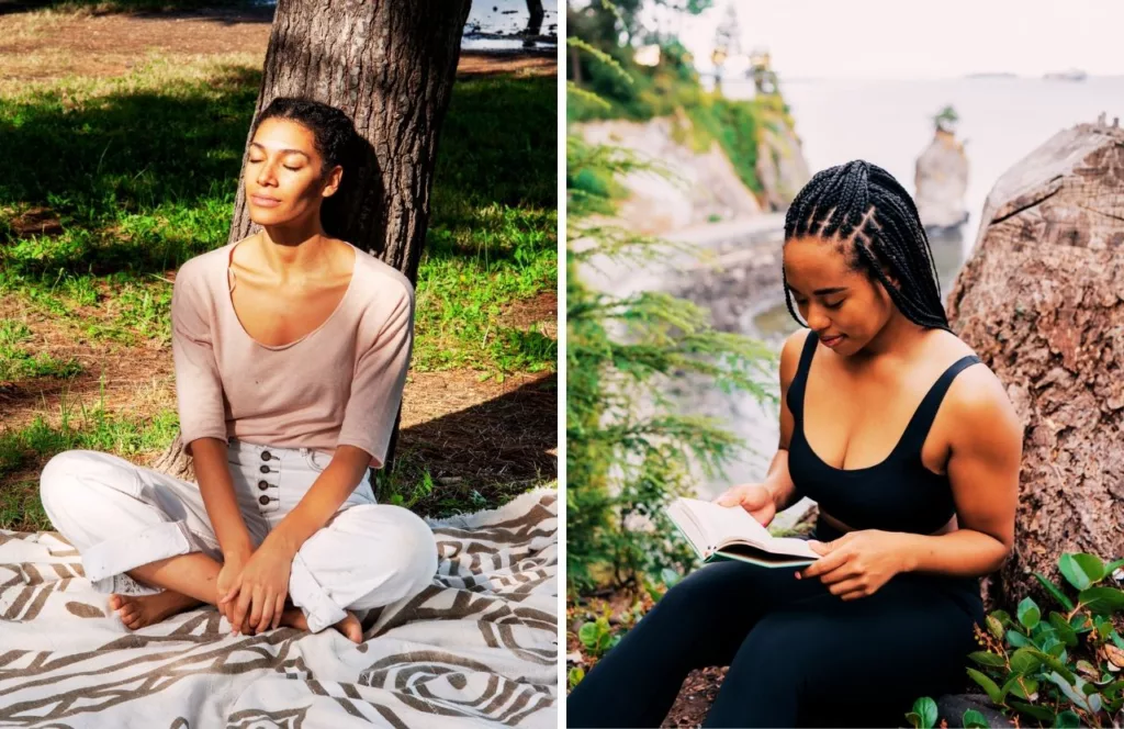 Black women meditating and relaxing. Keep reading to learn how to deal with traveling alone with anxiety on your solo trip