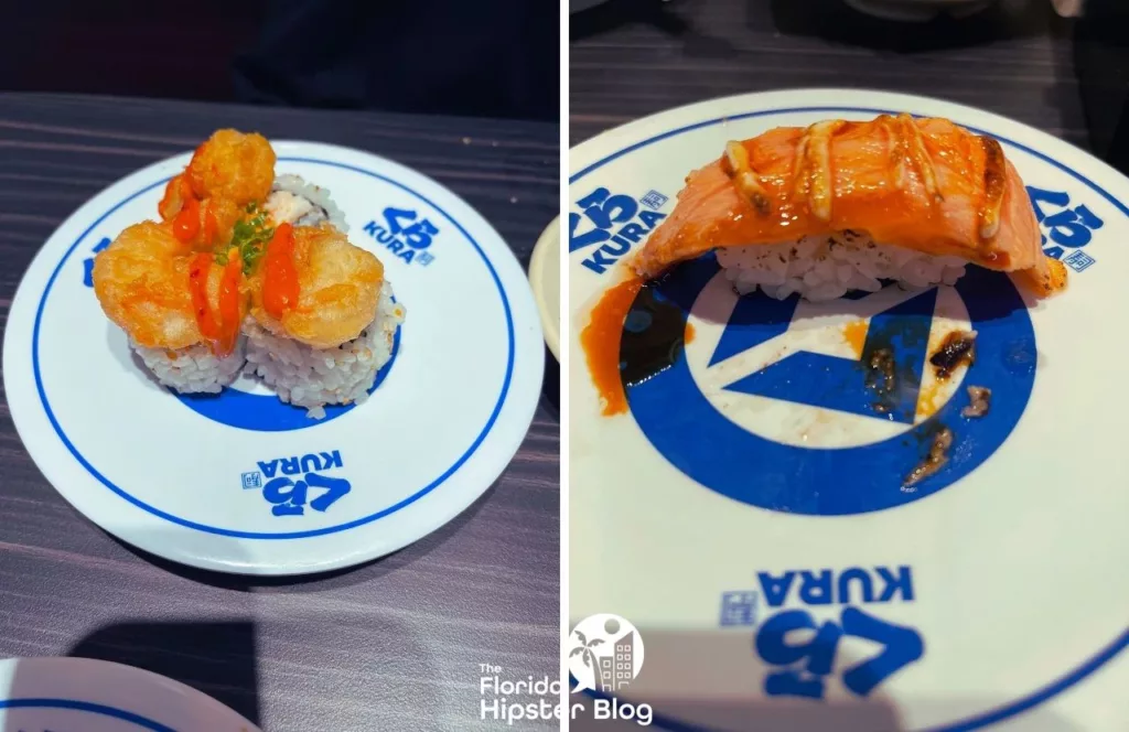 Kura-Revolving-Sushi-Bar-Restaurant-in-Orlando-Florida shrimp and salmon. Keep reading to get the best restaurants near SeaWorld Orlando.