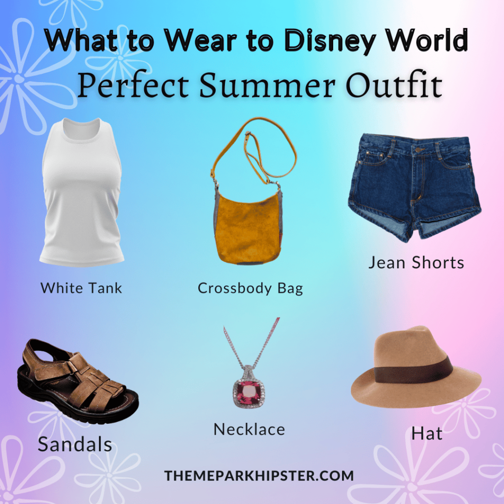 Main Disney Outfit with white tank, brown crossbody bag, jean shorts, sandals, necklace and brown hat. Keep reading to know what to pack and what to wear to Disney World in August for your packing list.