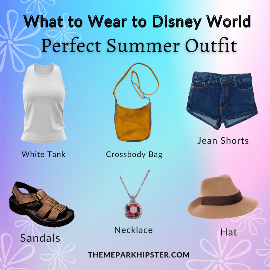 Main Disney Outfit white tank, brown crossbody bag, blue jean shorts, brown sandals, necklace and brown hat. Keep reading to know what to pack and what to wear to Disney World in September on your packing list.