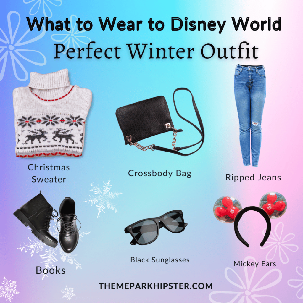 Main Disney Outfit What to Wear to Disney World in November with a Christmas Sweater, black crossbody bag, ripped jeans, black boots, black hipster sunglasses, and mickey mouse ears.
