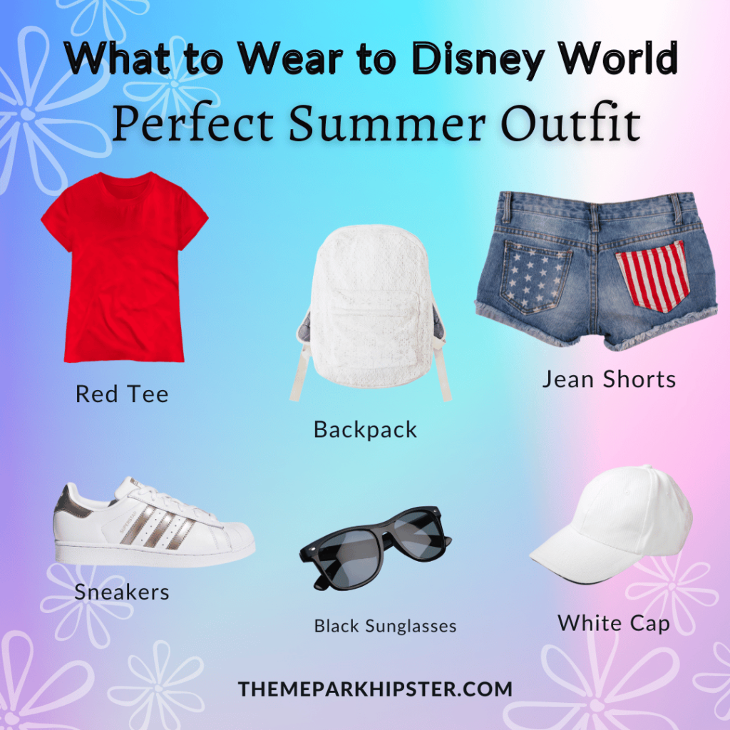 Main Disney Outfit with red shirt, white backpack, jean shorts, white sneakers, black sunglasses, white cap. Keep reading to know what to pack and what to wear to Disney World in July for your packing list.