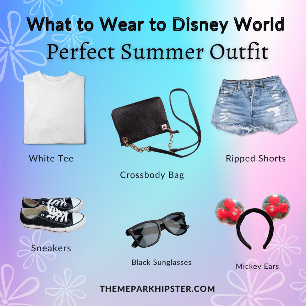 Main Disney Outfit ideas with white t shirt, ripped jean shorts, crossbody bag, sneakers, sunglasses and mickey ears. Keep reading to know what to pack and what to wear to Disney World in June for your packing list.