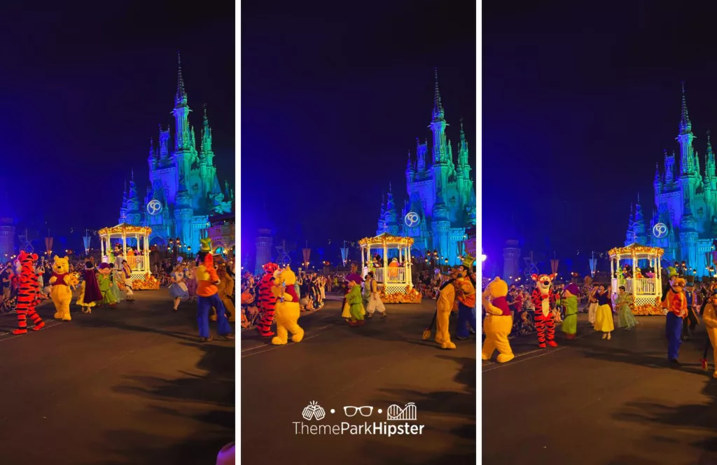 Mickey's Not So Scary Halloween Party at Disney Magic Kingdom Theme Park Boo to You Halloween Parade in front of Cinderella Castle with Characters Winnie the Pooh, Goofy, Snow White, Aladdin, Alice