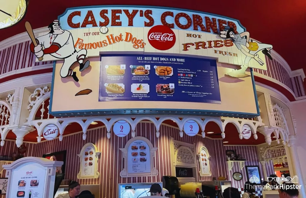 Mickey's Not So Scary Halloween Party at Disney's Magic Kingdom Theme Park Casey's Corner Famous Hot Dog Menu Mint Julep. One of the best quick service and counter service restaurants at Magic Kingdom.