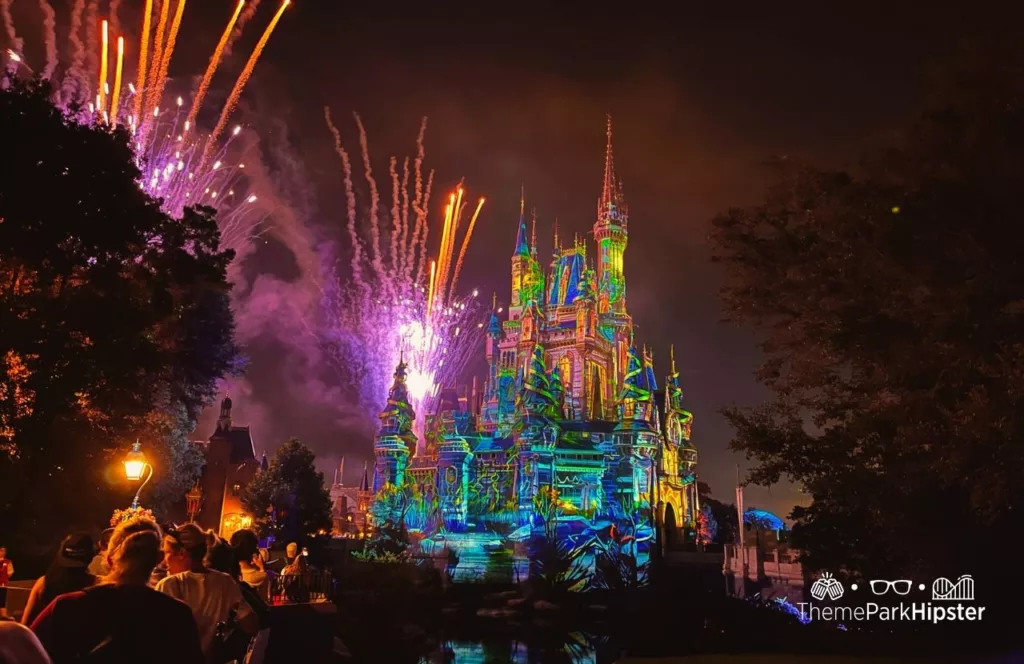 Mickey's Not So Scary Halloween Party at Disney's Magic Kingdom Theme Park Fireworks Show over Cinderella Castle