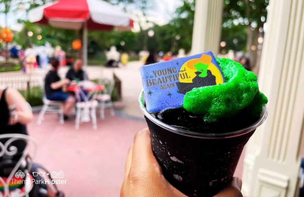 Mickey's Not So Scary Halloween Party Food at Disney's Magic Kingdom Theme Park Hocus Pocus Sanderson Sisters Black and Green Drink