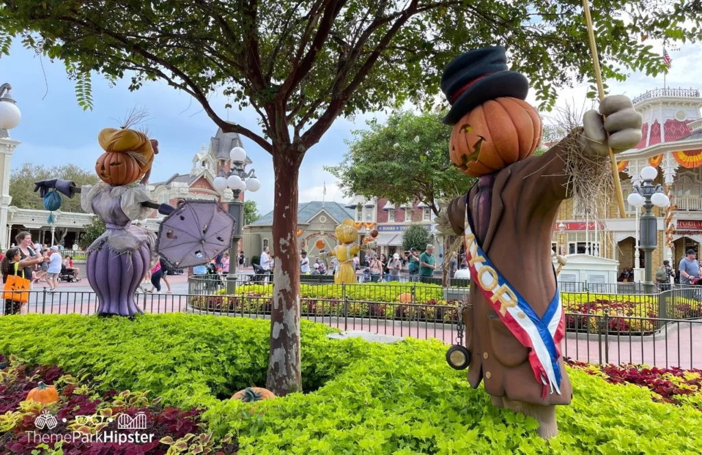 Mickey's Not So Scary Halloween Party at Disney's Magic Kingdom Theme Park Main Street USA Mayor Scarecrows. Keep reading to know what to pack and what to wear to Disney World in September on your packing list.