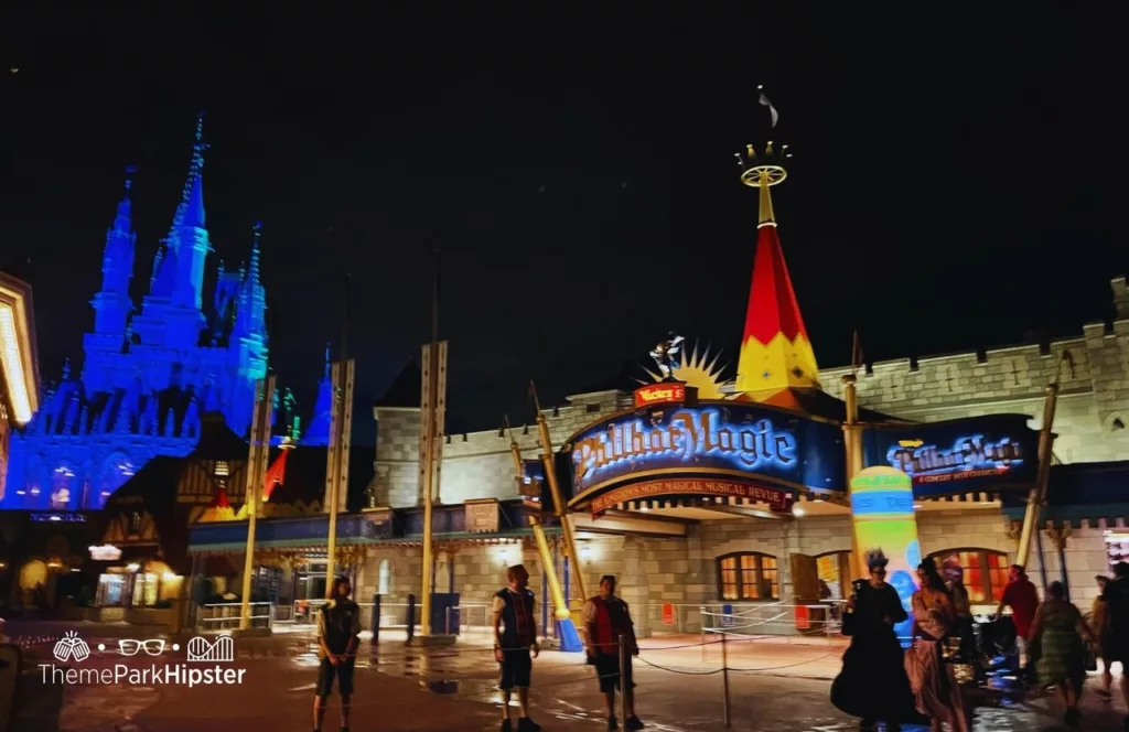 Mickey's Not So Scary Halloween Party at Disney's Magic Kingdom Theme Park PhilharMagic Entrance in Fantasyland next to Cinderella Castle at Night