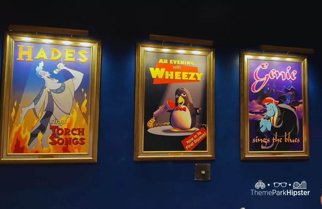 Mickey's Not So Scary Halloween Party at Disney's Magic Kingdom Theme Park Queue to PhilharMagic in Fantasyland with Hades, Wheezy, and Genie Posters