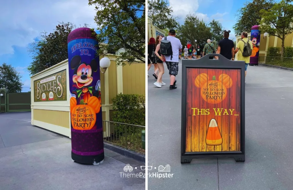 2023 Mickey's Not So Scary Halloween Party at Disney's Magic Kingdom Theme Park Welcome Sign with Mickey Mouse trick or treat candy trail.