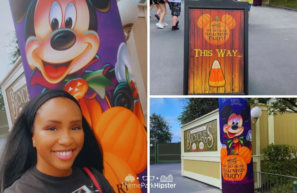 Nikky J at the Mickey Mouse welcome sign at Mickey's Not So Scary Halloween Party at Disney's Magic Kingdom Theme Park. Keep reading to find out the best things to do at Disney World for solo travelers.