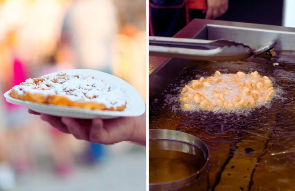 Person holding Funnel Cake and one in the fryer. Some of the best food at Hersheypark.