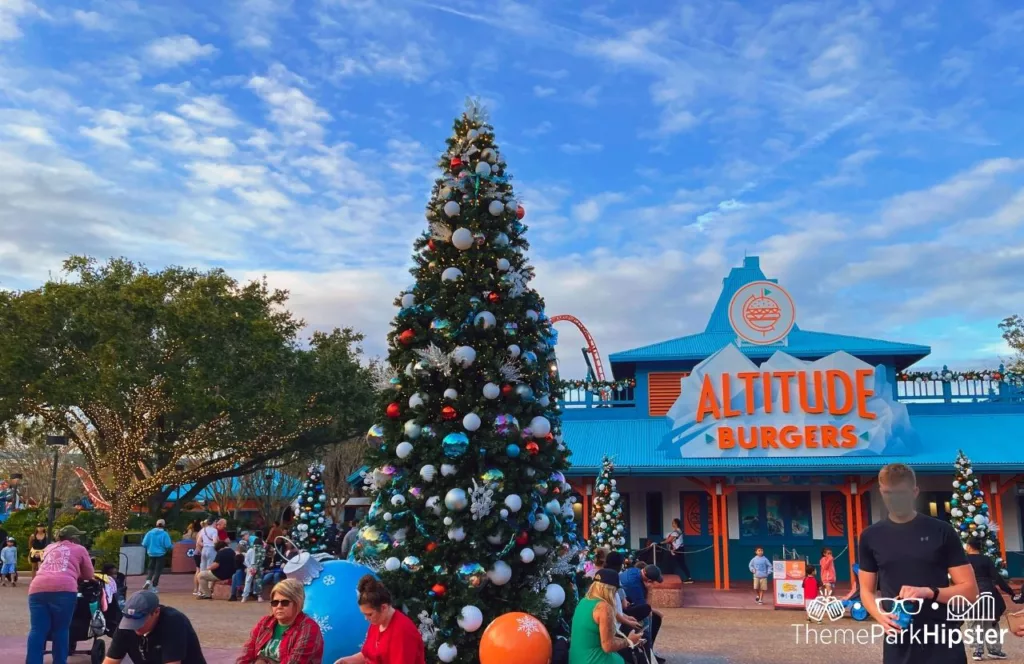 SeaWorld Orlando Resort Christmas Celebration Holiday Tree in front of Altitude Burgers