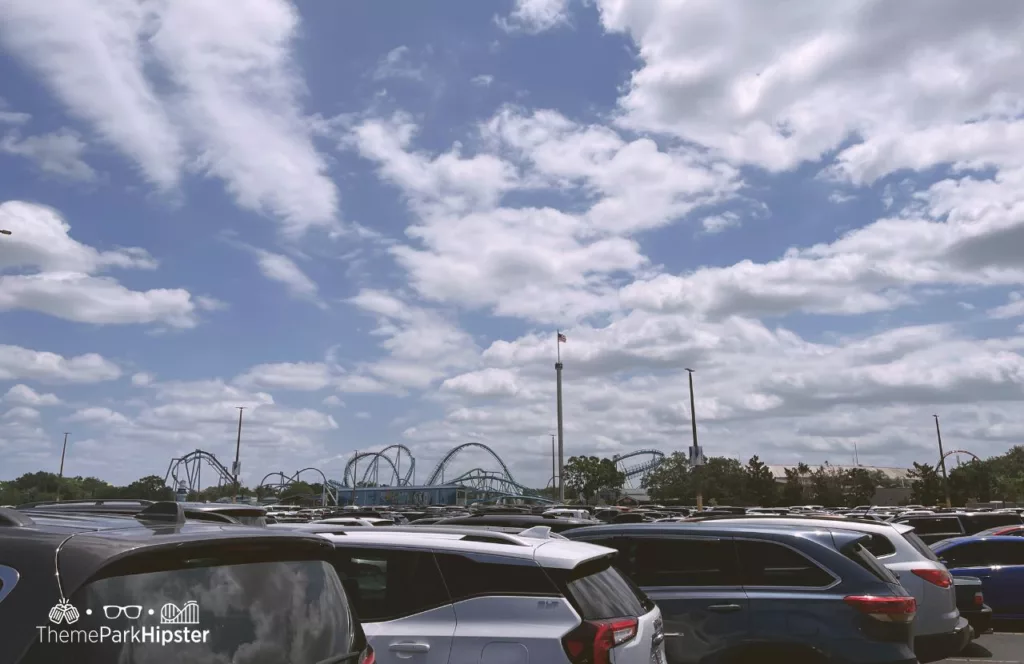 SeaWorld Orlando Resort Parking Lot with Roller Coaster in the background