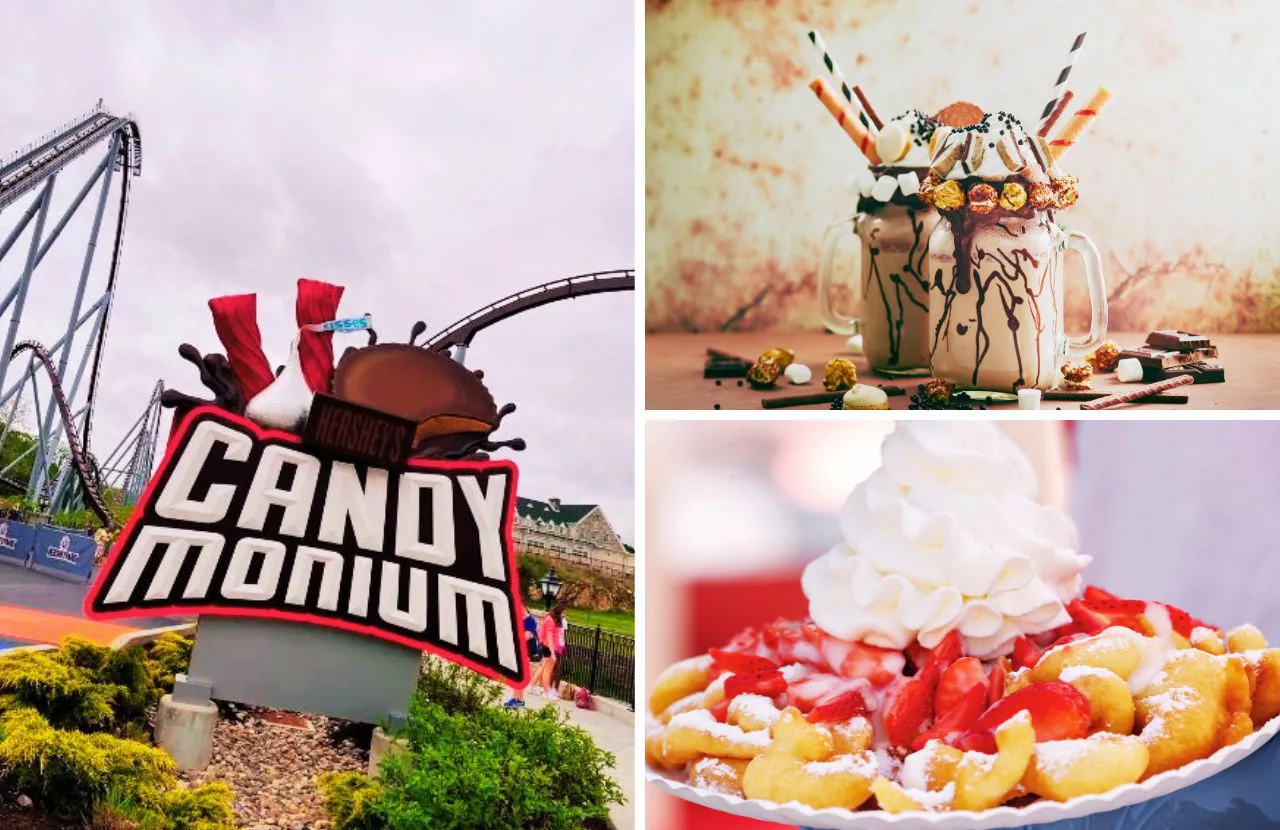 Full guide to some of the best food at Hersheypark with Candymonium Roller Coaster next to milkshake and funnel cake.