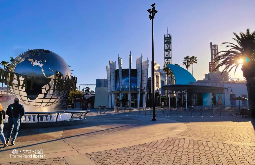 Universal Studios Hollywood CityWalk Entrance and Famous Globe near front parking lot. Keep reading to get the full Guide to Parking at Universal Studios Hollywood with FREE Options and Prices.