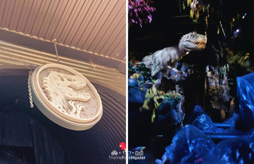 Double photo of Universal Studios Hollywood Jurassic World Ride tyrannosaurus rex sign and animatronic. Keep reading to find out more of the best Universal Studios Hollywood attractions for solo travelers.