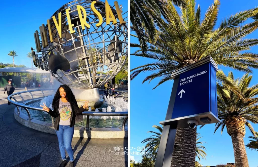 Universal Studios Hollywood NikkyJ in front of Famous Globe and Pre-purchased tickets sign. Keep reading to get the best Universal Studios Hollywood Tips, Tricks and Secrets!