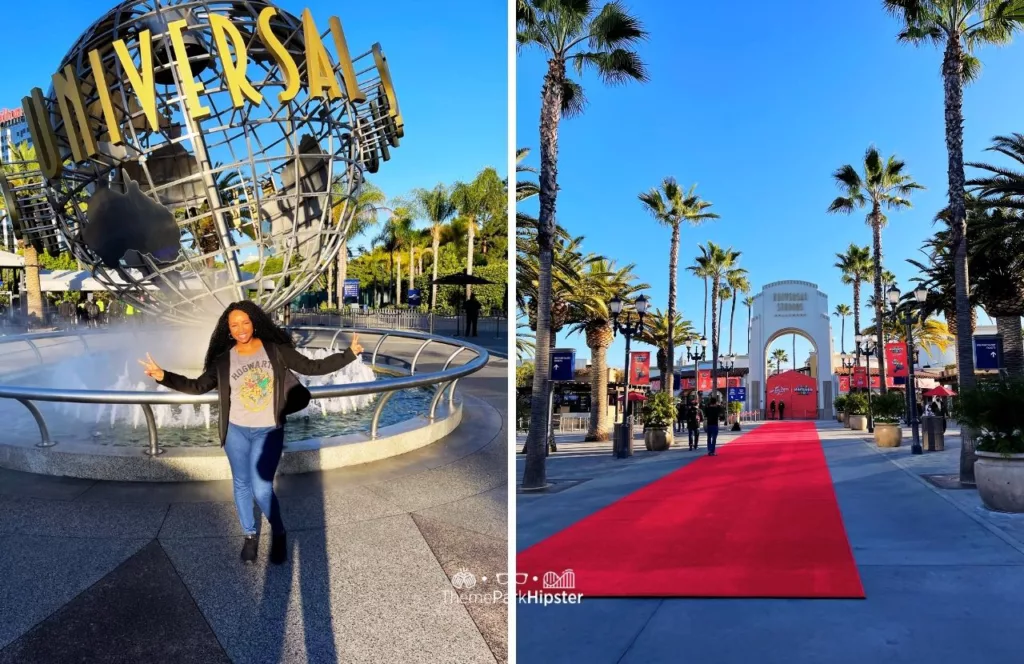 Universal Studios Hollywood NikkyJ in front of Famous Globe and Red Carpet. Keep reading to get all the Universal Studios Hollywood Height Requirements and Restrictions for your trip.