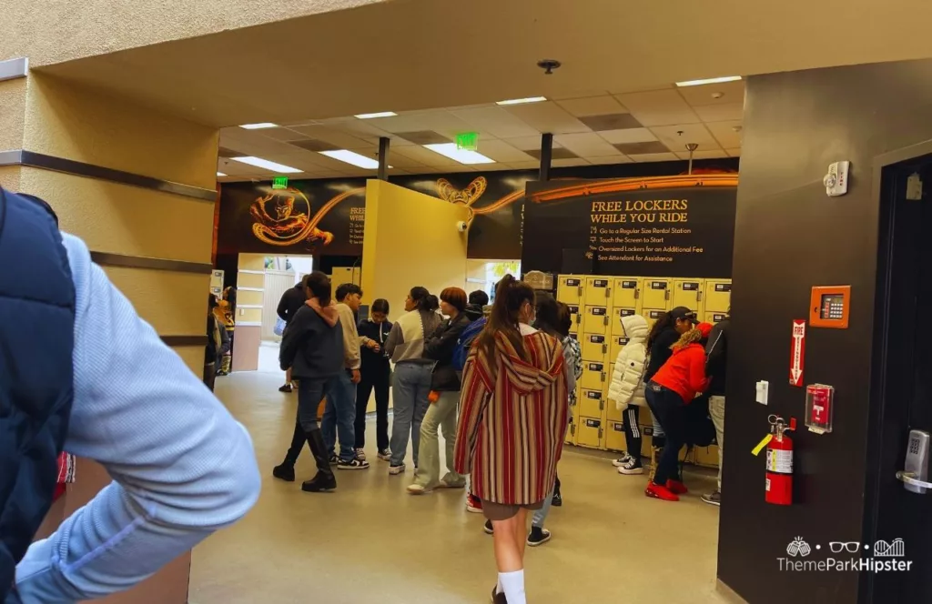 Lockers at Revenge of the Mummy ride at Universal Studios Hollywood. Keep reading to learn about more of the best Universal Studios Hollywood attractions for solo travelers.