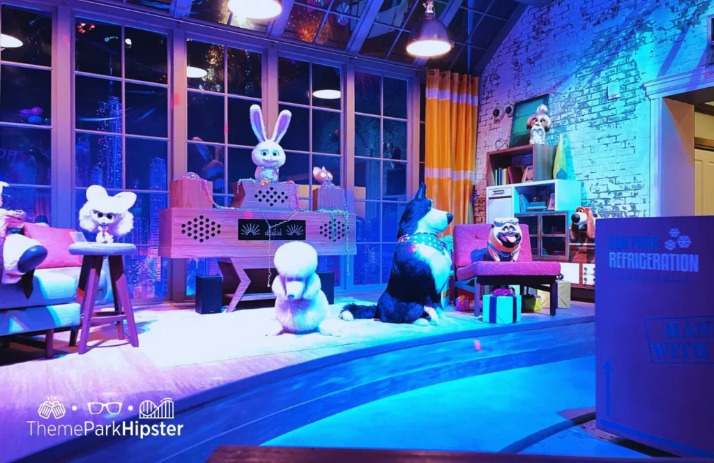 Universal Studios Hollywood Secret Life of Pets Ride pet party scene. Keep reading to get the full guide on the Universal Studios Hollywood Express and if it's worth it.