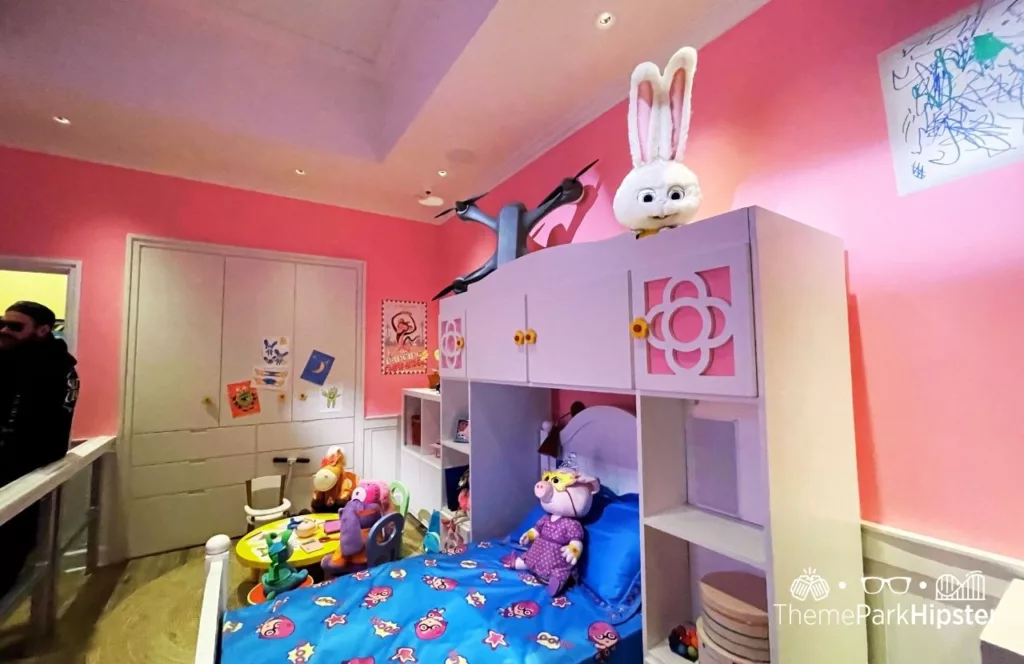 Universal Studios Hollywood Secret Life of Pets Ride rabbit in pink room. Keep reading to get the full Guide to Parking at Universal Studios Hollywood with FREE Options and Prices.