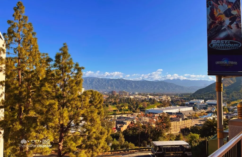 Universal Studios Hollywood backlot Studio Tour view of Universal City California with mountains