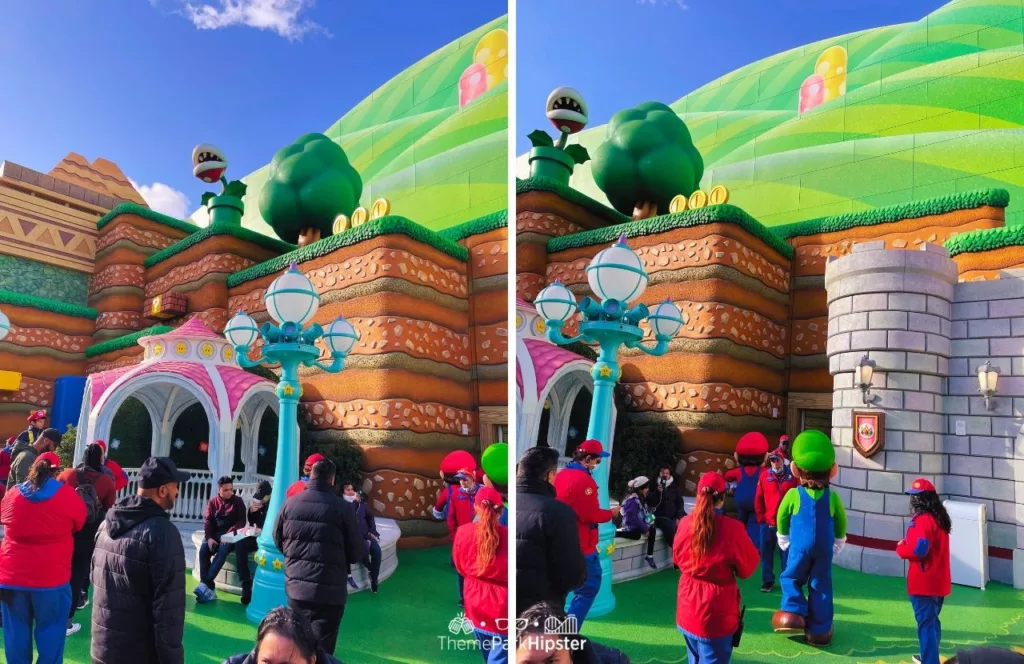 Universal Studios Hollywood Super Nintendo World Princess Peach meeting area with Mario and Luigi walking by