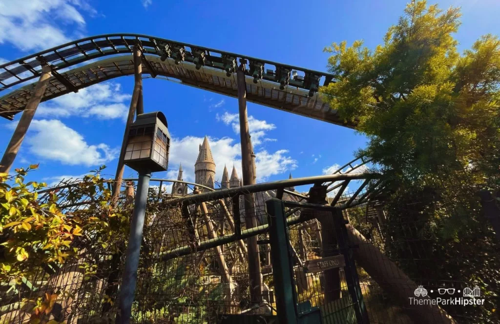 Universal Studios Hollywood Wizarding World of Harry Potter Flight of Hippogriff roller coaster ride and Hogwarts Castle