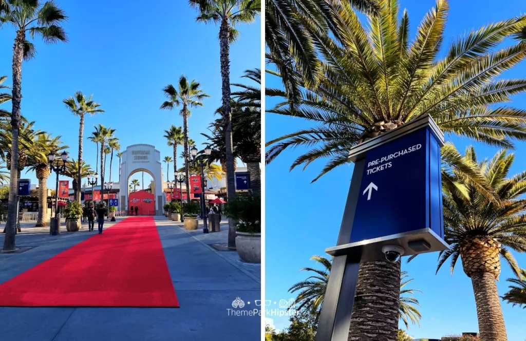 Universal Studios Hollywood red carpet and pre purchased tickets sign. Keep reading to get the full guide on which is better Universal Studios Hollywood vs Disneyland.