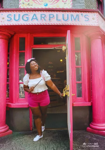 Best Spots for Wizarding World of Harry Potter Photos with Victoria Wade at Sugarplum Sweet Shop Door