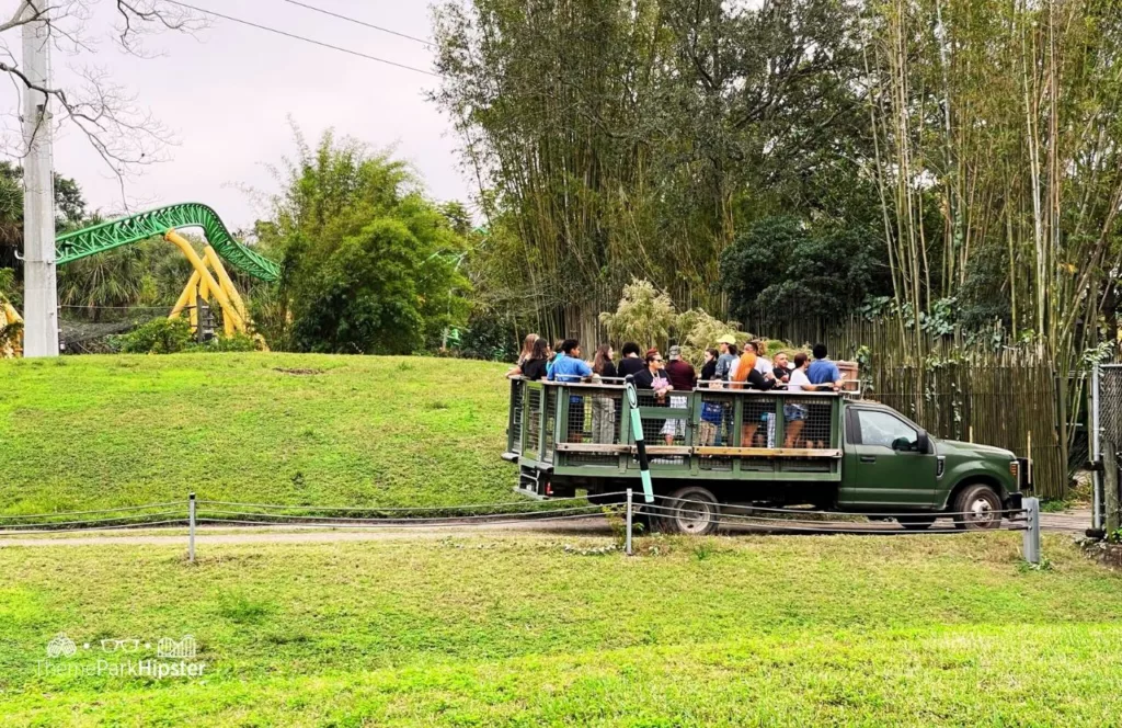 Serengeti Safari ride with theme park guests standing on the back of the open air touring safari truck. Keep reading to learn about Busch Gardens Tampa animals.