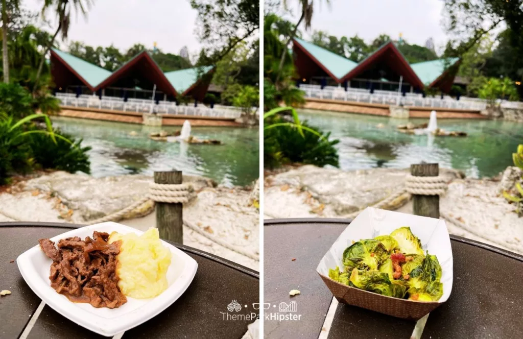 2023 Busch Gardens Tampa Bay Christmas Town menu Dashers Delight food booth braised beef with mashed potatoes and brussel sprouts