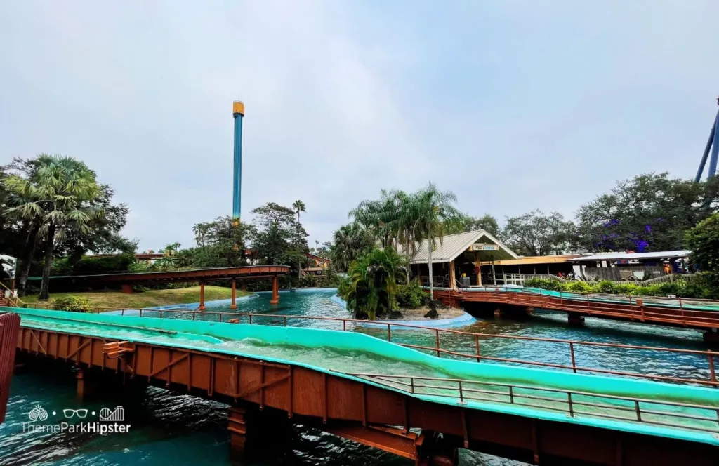 Busch Gardens Tampa Bay Stanley Flume Water Ride with Falcon's Fury looming in the background. One of the best Busch Gardens water rides.