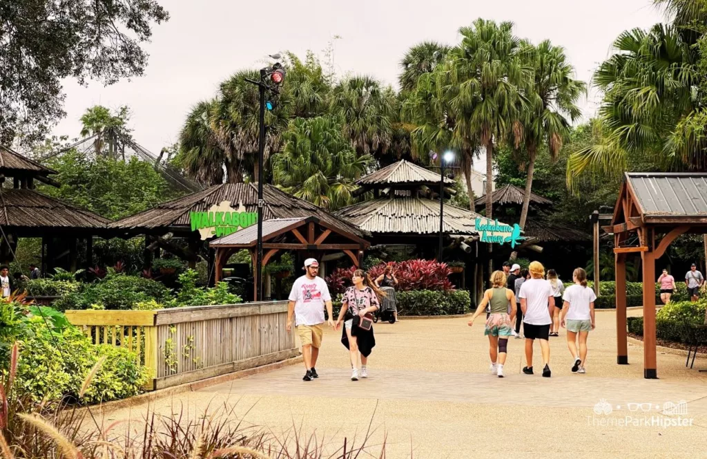 Busch Gardens Tampa Bay Walkabout Way Kangaroo Tour area with thatched roof gazebos, tall trees and theme park guests walking around. Keep reading to learn more about Busch Gardens Tampa animals.