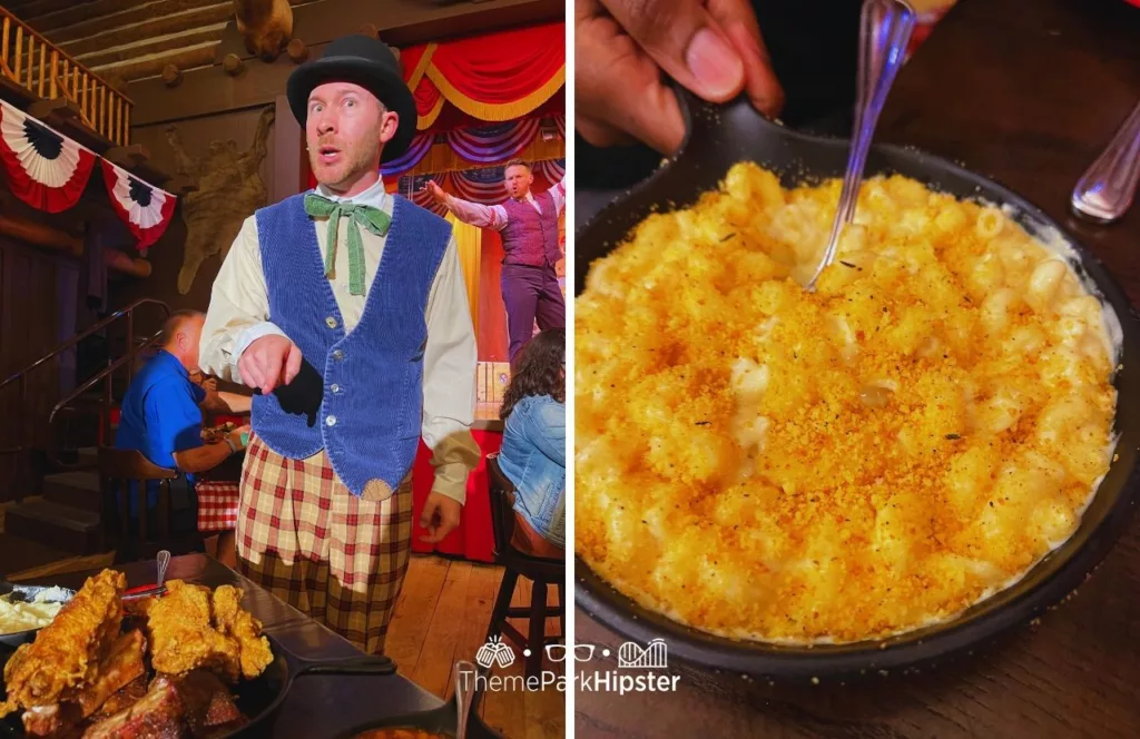 Six Bits Disney Wilderness Lodge Resort Food Mac and Cheese with Performer at Hoop Dee Doo Musical Revue