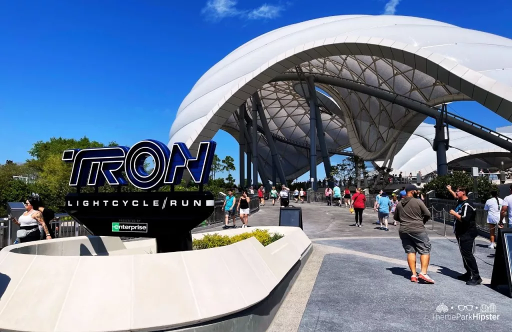 Entrance to Tron Lightcycle Run at the Magic Kingdom in Walt Disney World Resort Florida Tomorrowland. One of the best thrill rides at Disney World.