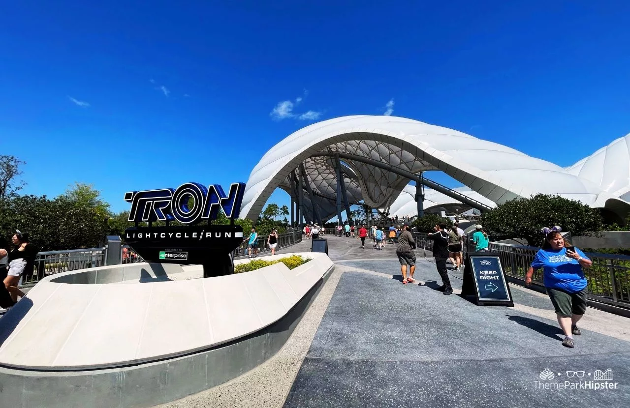 Tron Lightcycle Run at the Magic Kingdom in Walt Disney World Resort Florida Tomorrowland entrance one of the best thrill rides at Disney World.