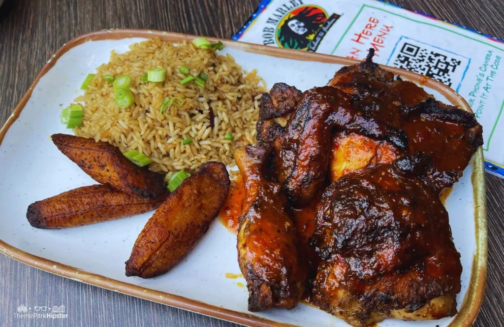 Universal Orlando Resort Bob Marley a Tribute to Freedom Restaurant in CityWalk Jamaican Jerk Chicken with rice and plantains 