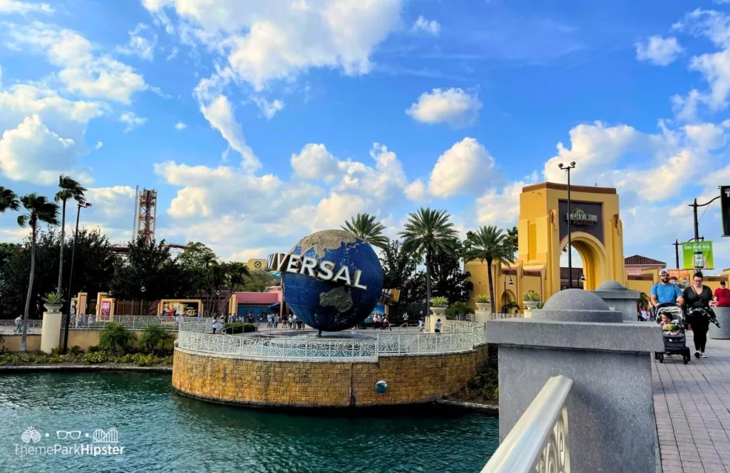 Universal Orlando Resort Globe in front of Universal Studios Arches and Hollywood Rip Ride Rockit. Keep reading to get the guide to 4th of July at Universal Studios on Independence Day.