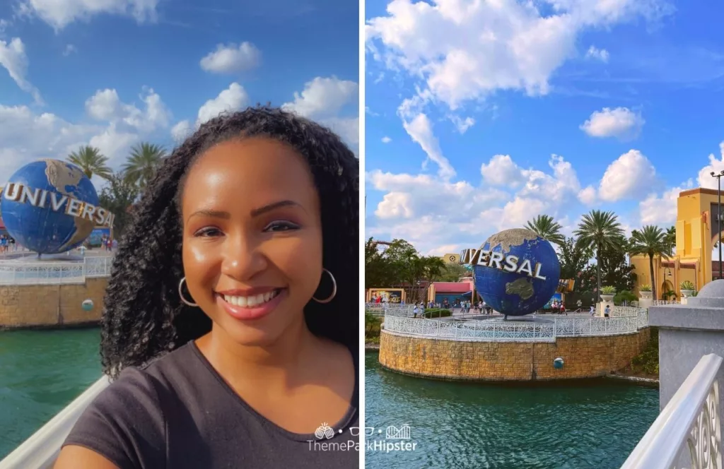 Universal Orlando Resort NikkyJ and Globe in front of Universal Studios Arches and Hollywood Rip Ride Rockit on visiting Orlando theme parks alone on a solo trip. Keep reading to see why you should do solo travels to theme parks!