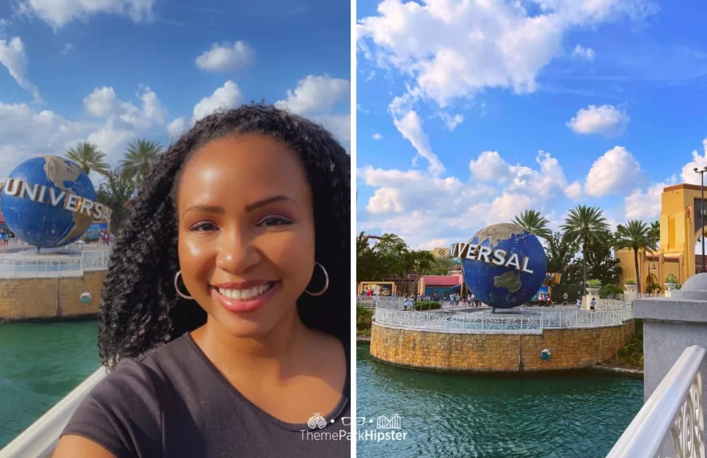 Universal Orlando Resort NikkyJ and Globe in front of Universal Studios Arches and Hollywood Rip Ride Rockit. Keep reading to get the guide to 4th of July at Universal Studios on Independence Day.