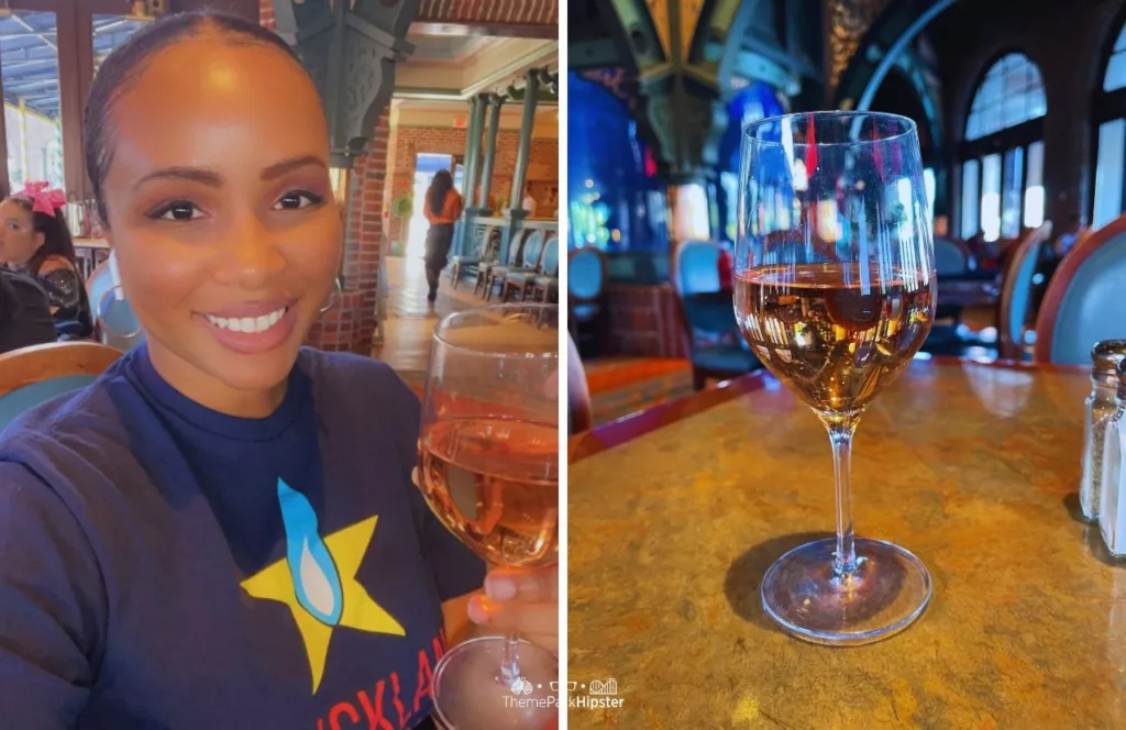Universal Orlando Resort NikkyJ having wine at Lombards Seafood in Universal Studios Florida. Keep reading to find out more about what to expect at Lombard's Seafood Grille at Universal Studios.  