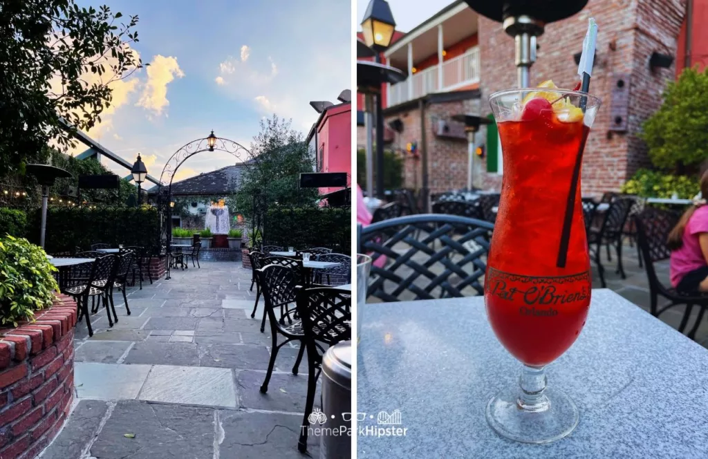 Universal Orlando Resort Pat O Brien's Restaurant in CityWalk Garden and Hurricane Drink. One of the best restaurants in Universal Orlando CityWalk.