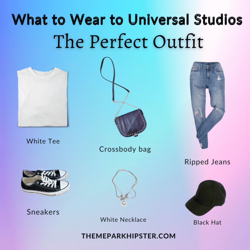 What to Wear to Universal Studios Hollywood. The perfect outfit with white tshirt, crossbody bag, ripped jeans, sneakers, white necklace and black hat.